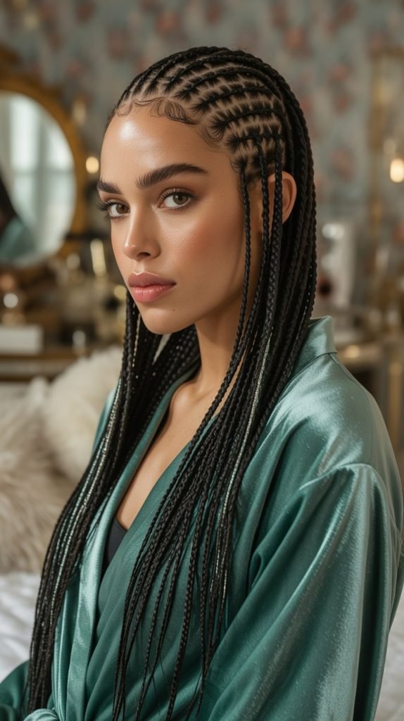 . Side Part Medium Braids with Metallic Elements
