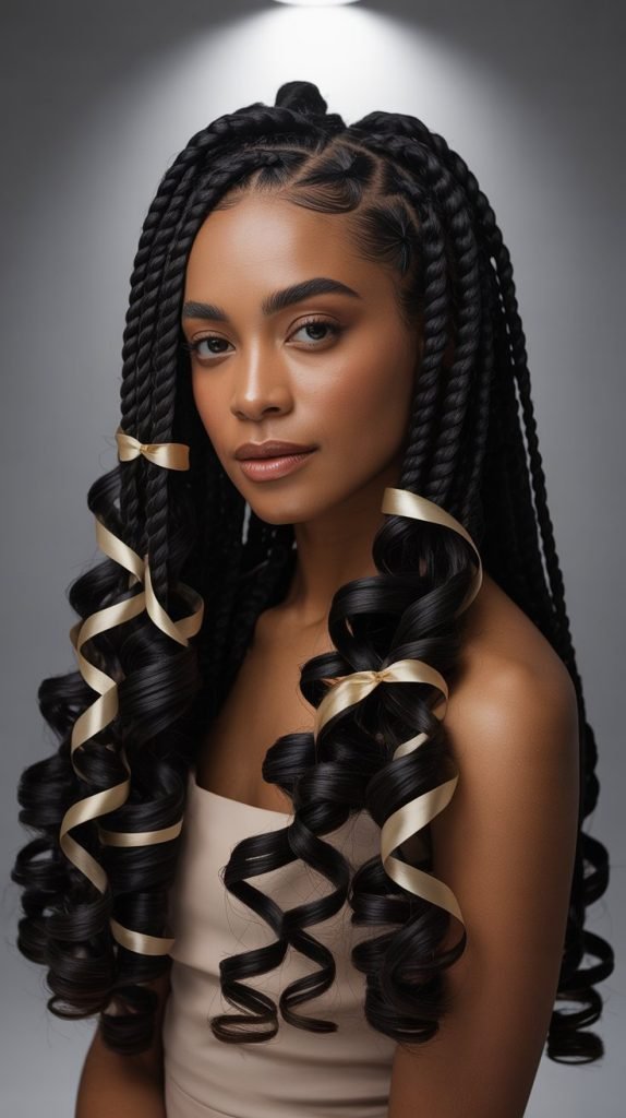 Side Part Knotless Braids with Ribbon Curls