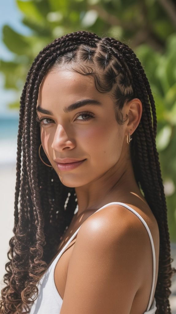 Micro Side Part Knotless Braids with Beach Wave Curls
