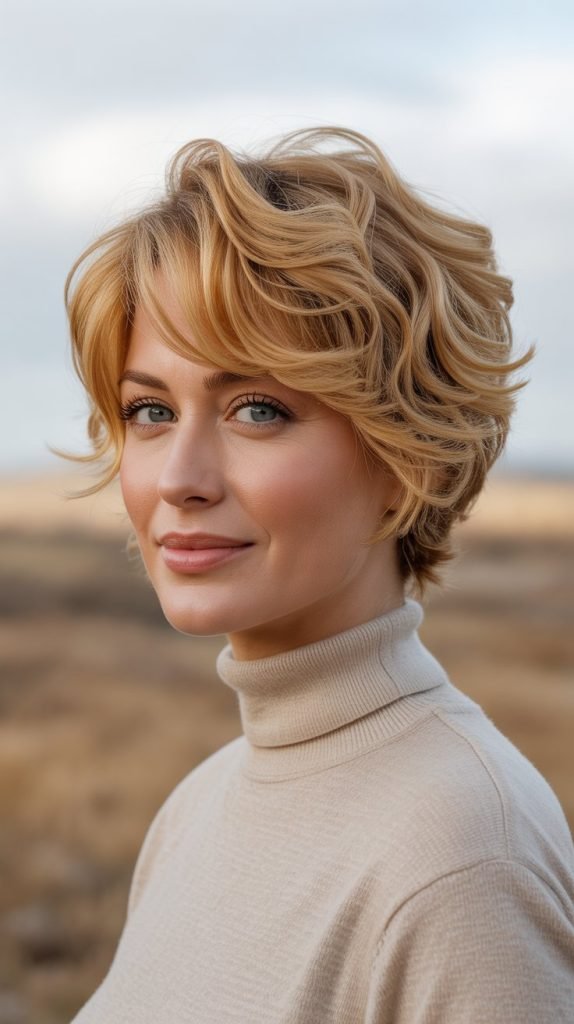 Golden Blonde Wavy Pixie with Dimension