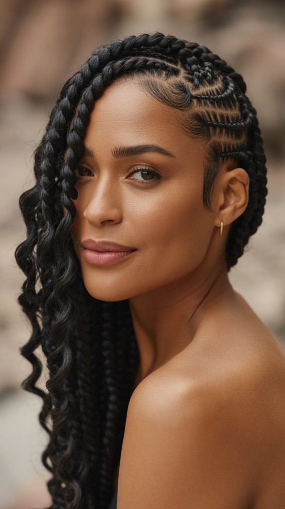 Classic Side Swept Knotless Braids with Loose Curls