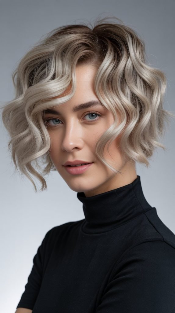 Ash Blonde Wavy Pixie with Highlights