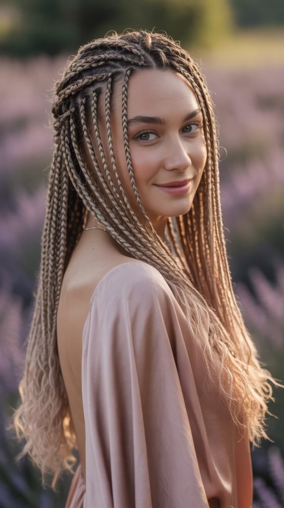  Side Part Medium Braids with Waterfall Details
