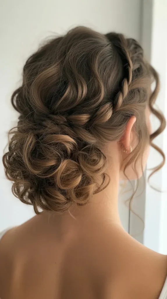 Romantic Curly Chignon with Braided Detail