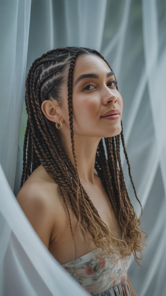 Side Part Medium Braids with Twisted Front Sections