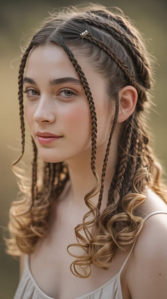 Side Part Medium Braids with Curly Ends