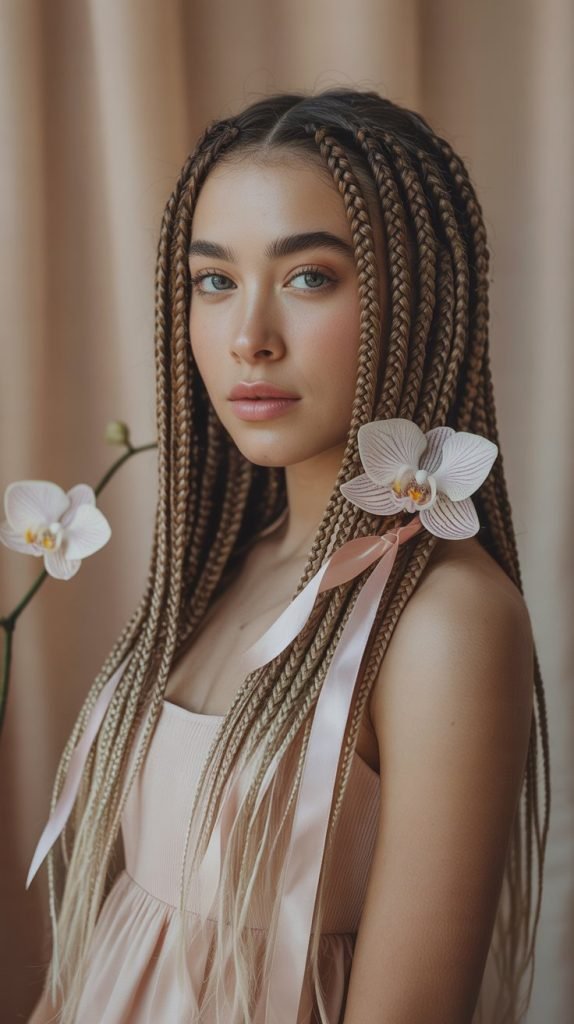  Side Part Medium Braids with Ribbon Threading