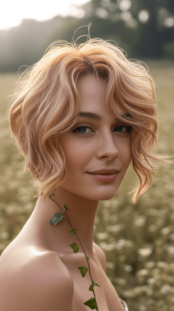 Warm Blonde Wavy Pixie with Copper Highlights