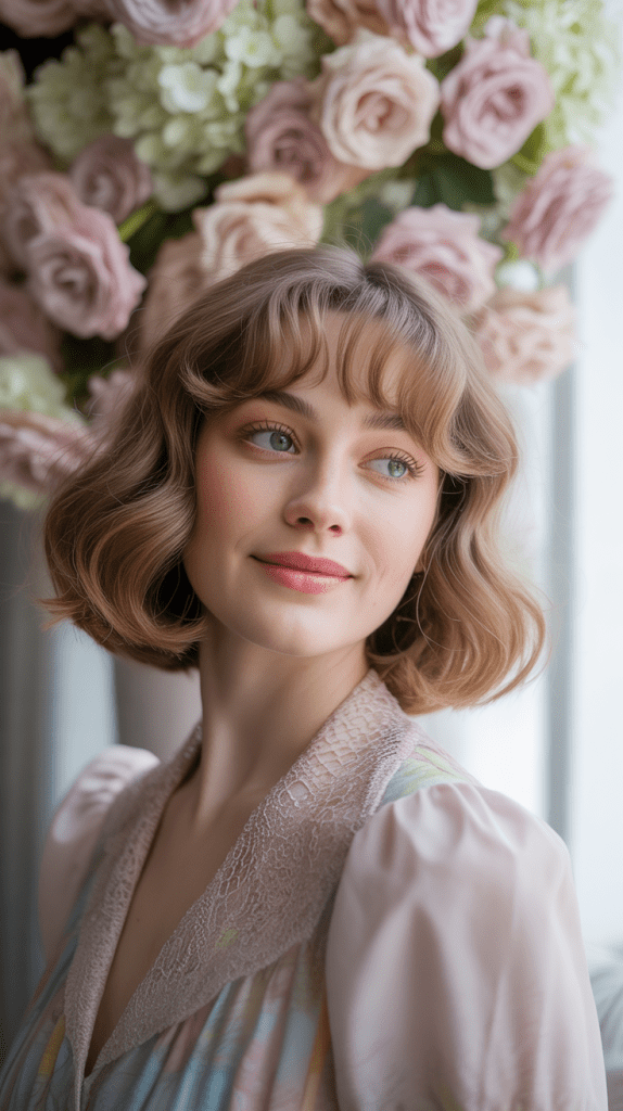 Romantic Wavy Bob with Soft Curtain Bangs