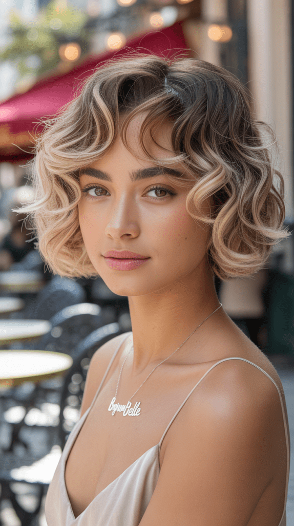 Balayage Blonde Curly French Bob