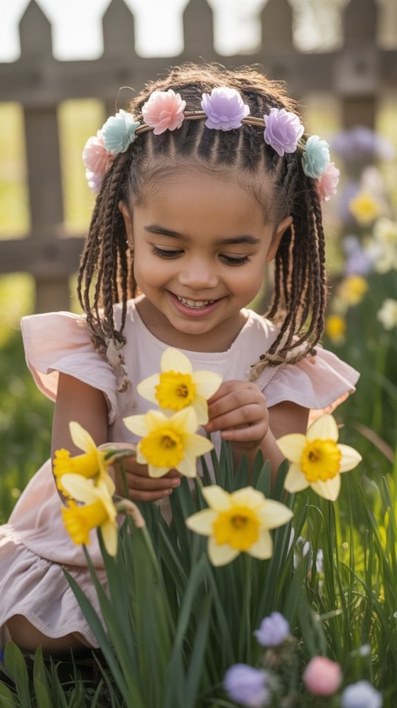 Side Part Braids with Flower Clips