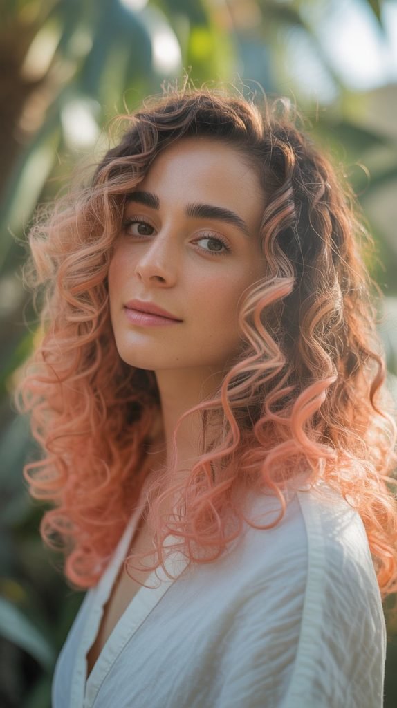 Salmon Pink Balayage for Fine Curly Hair