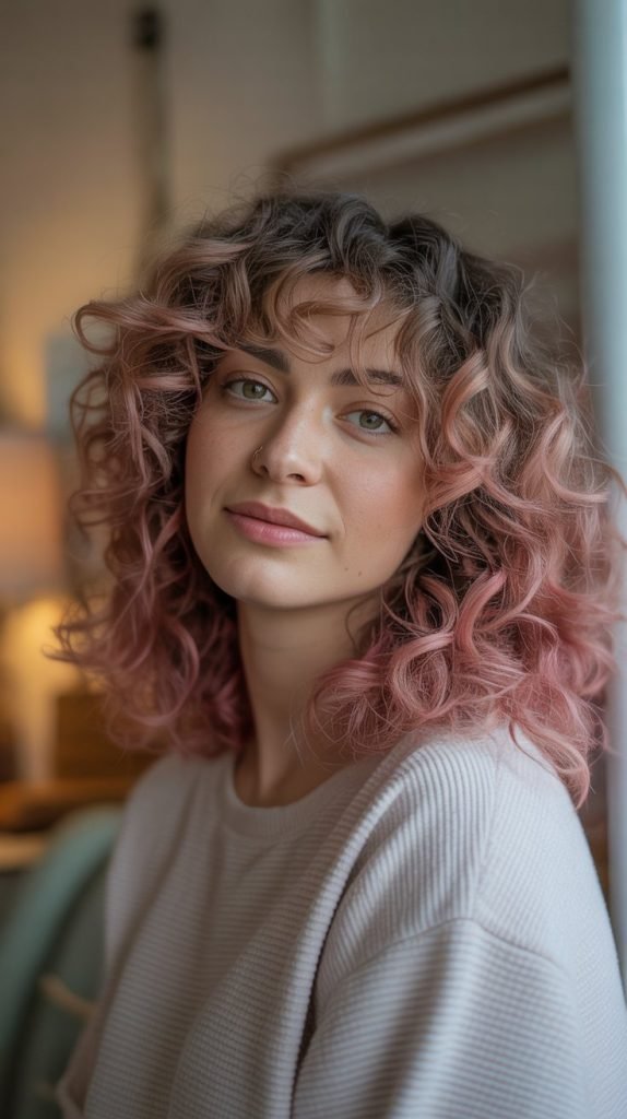 Faded Pink Balayage for Thick Curls