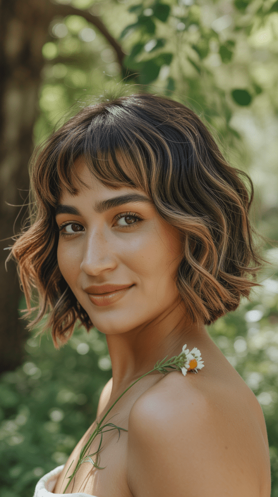 Wavy Bob with Curtain Bangs and Caramel Highlights