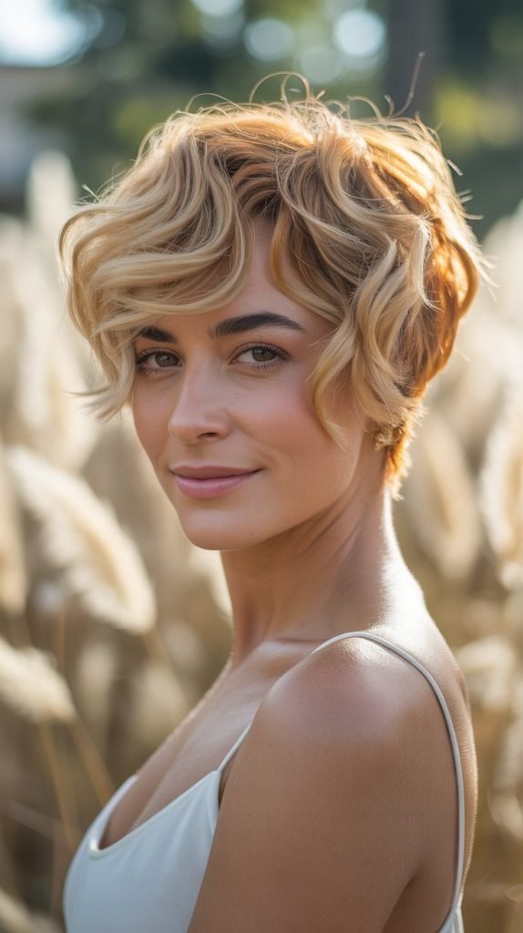Honey Blonde Textured Wavy Pixie