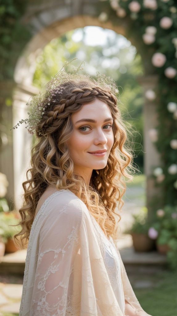  Braided Crown with Loose Curly Ends