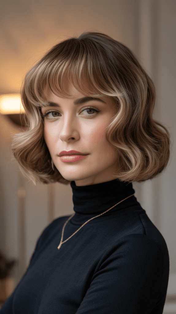 Wavy Bob with Curtain Bangs and Root Shadow
