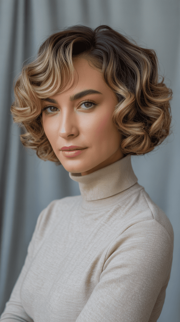 Caramel Highlights on Blonde Curly French Bob