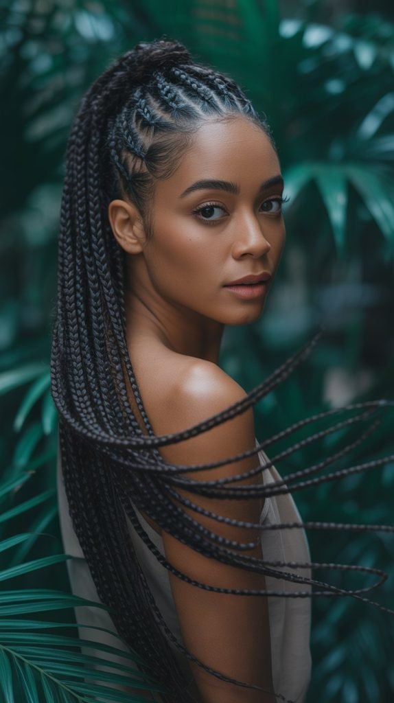 Long Side Part Knotless Braids Ponytail with Dramatic Flow