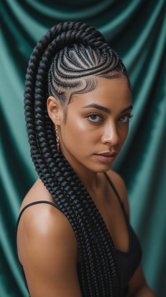 Side Part Knotless Braids Ponytail with Spiral Accent