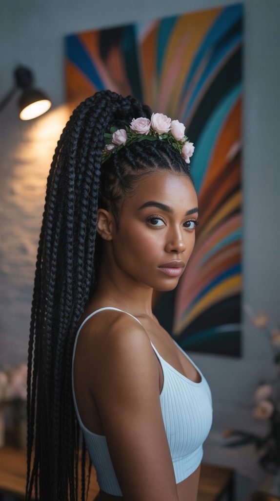  Braided Side Part Knotless Ponytail with Crown Detail