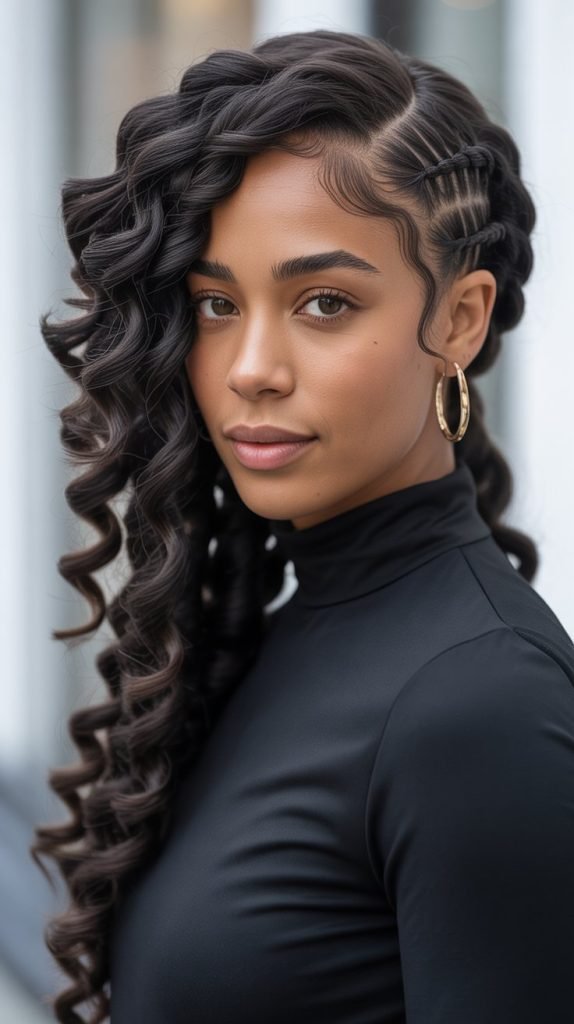  Side Part Knotless Braids with Cascading Curls