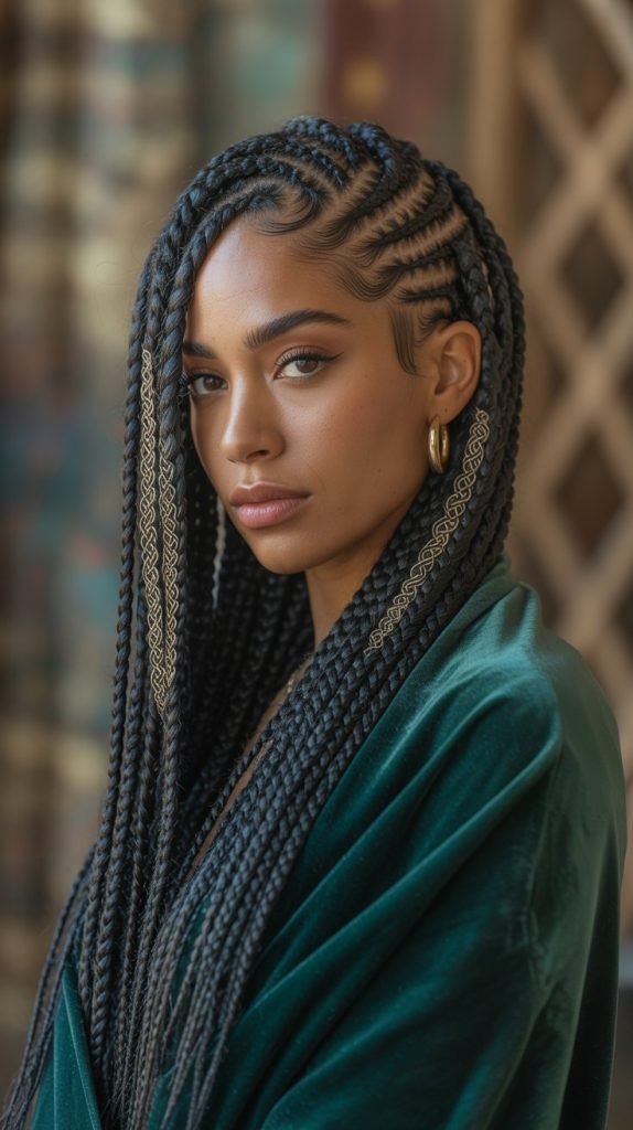 Side Part Medium Braids with Celtic Knot Patterns