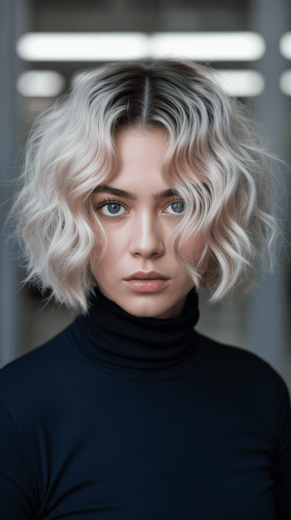 Platinum with Dark Roots Curly French Bob