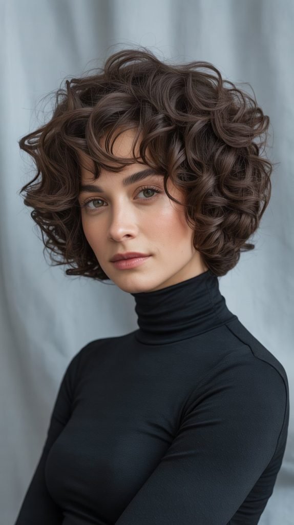 Curly Hair Stacked Inverted Bob with Bangs