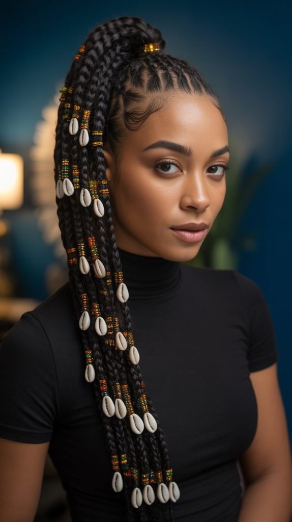  Side Part Knotless Braids Ponytail with Beaded Accents