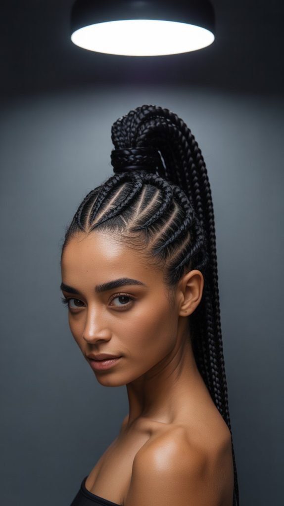 Side Part Knotless Braids Ponytail with Geometric Sections