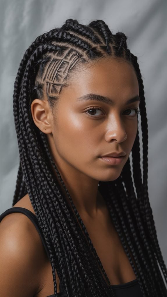 Side Part Medium Braids with Geometric Patterns