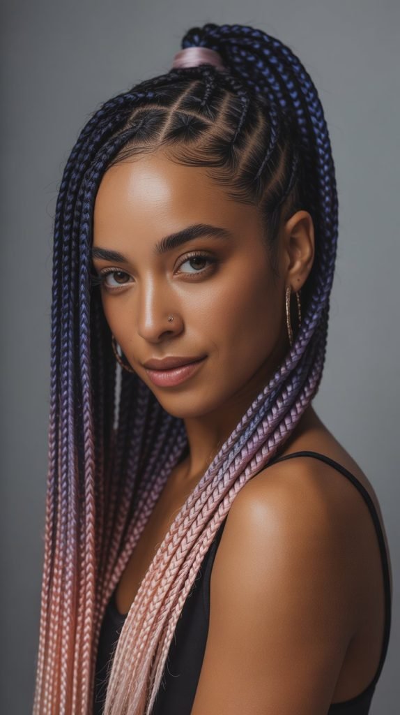 Side Part Knotless Braids Ponytail with Artistic Color Flow