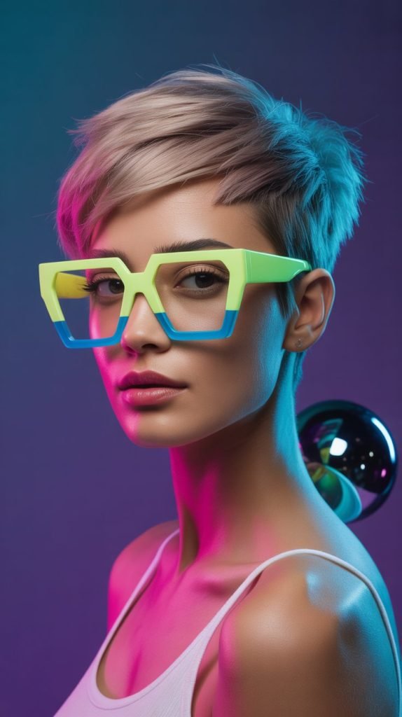 Edgy Asymmetrical Pixie with Neon-Colored Frames