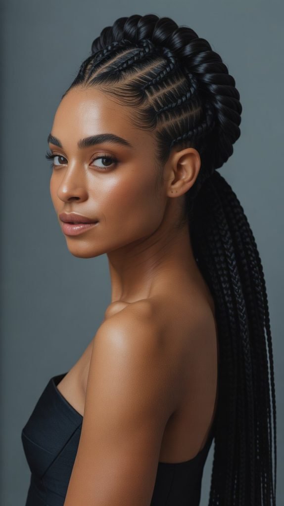 Side Part Knotless Braids Ponytail with Crown Braided Detail