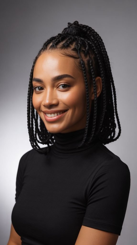 Medium Length Side Part Knotless Braids Ponytail