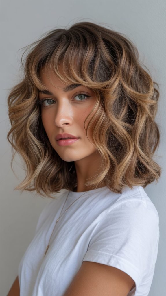 Wavy Shag with Curtain Bangs and Highlights
