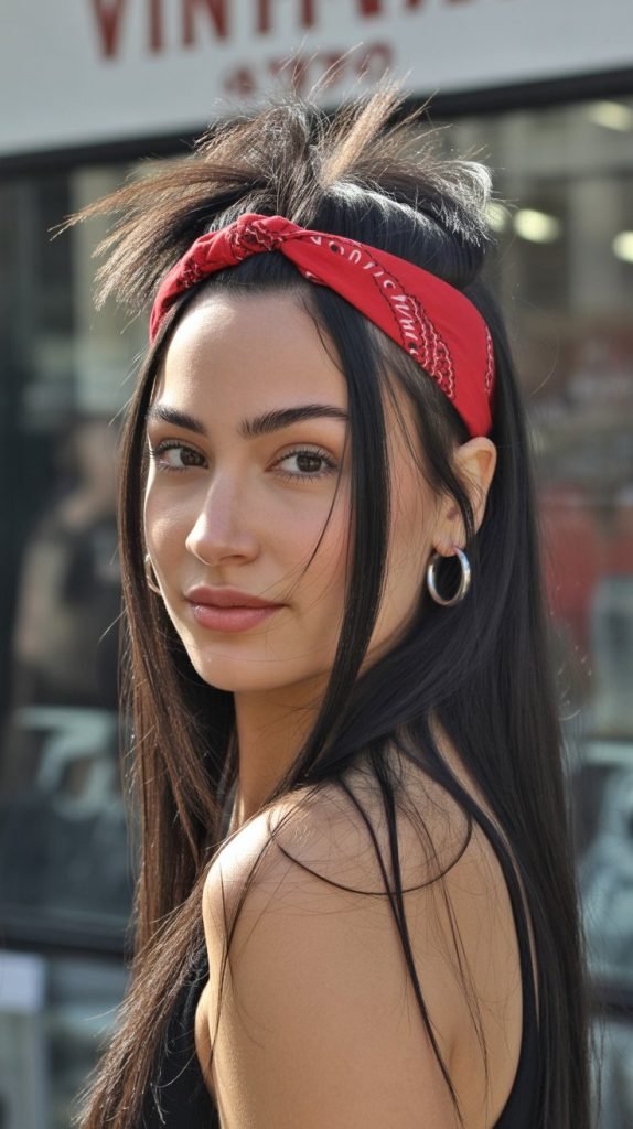 Woman with fine straight hair, bandana headband positioned for volume, teased crown, lightweight styling