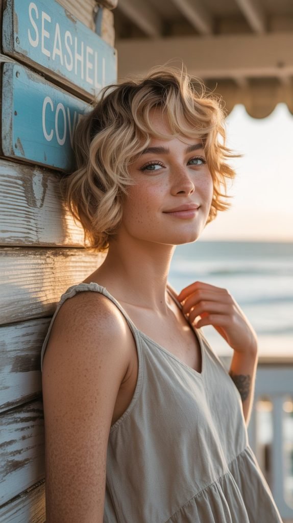 Sandy Blonde Wavy Pixie with Beach Waves