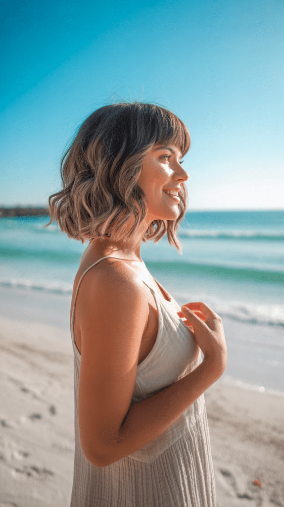 Wavy Bob with Curtain Bangs and Beach Waves