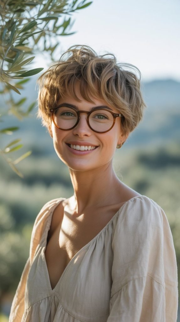  Tousled Beach Pixie with Wooden Frame Glasses