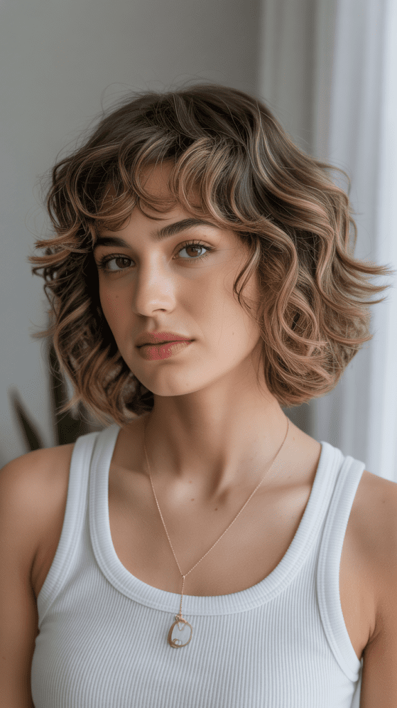 French Bob with Curtain Bangs for 3B Curls