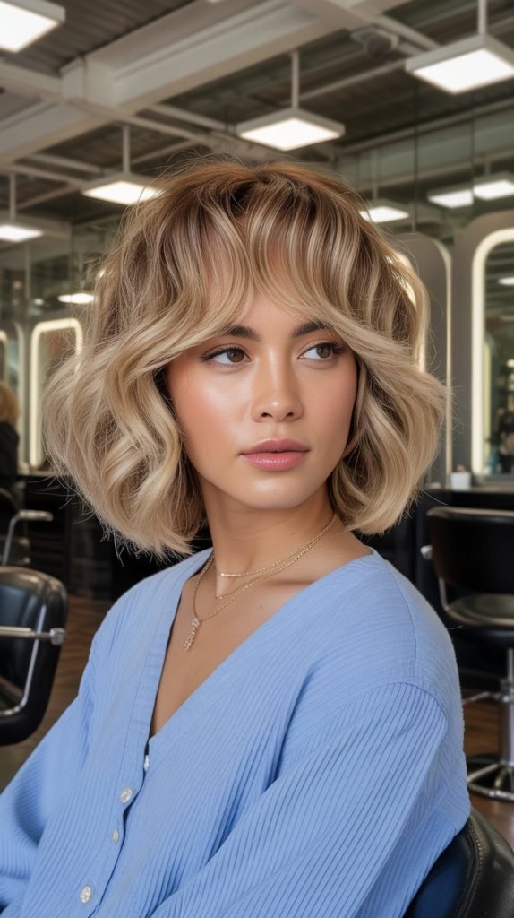 Graduated Wavy Bob with Feathered Bangs