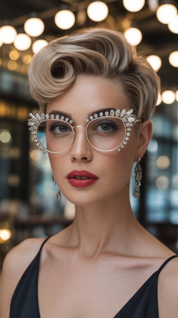 Retro Finger-Combed Pixie with Jeweled Frames