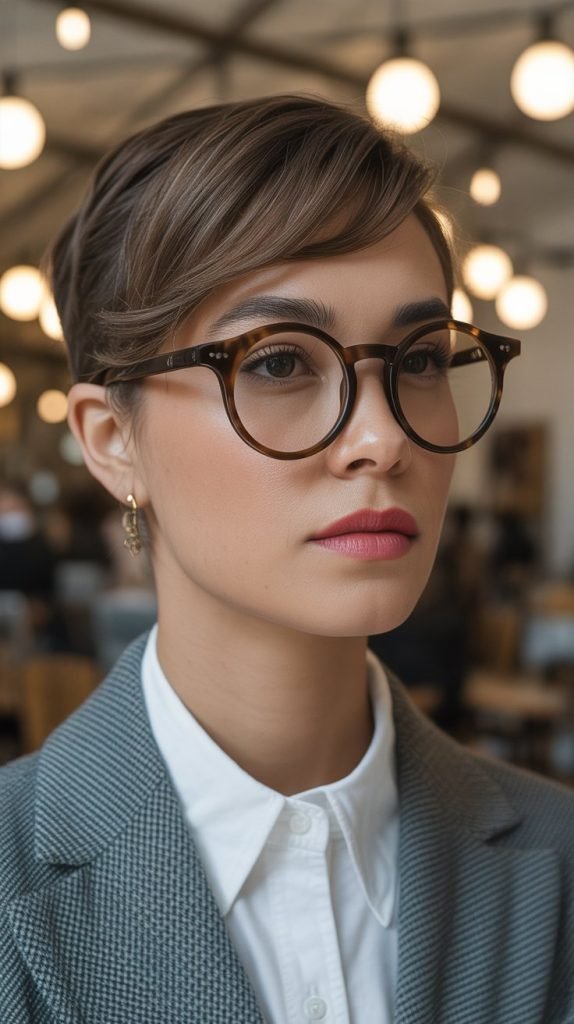  Side-Parted Pixie with Vintage Round Frames