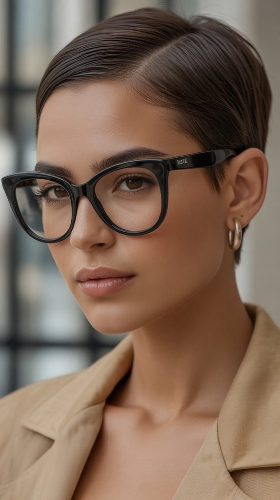 Sleek Center-Part Pixie with Designer Cat-Eyes