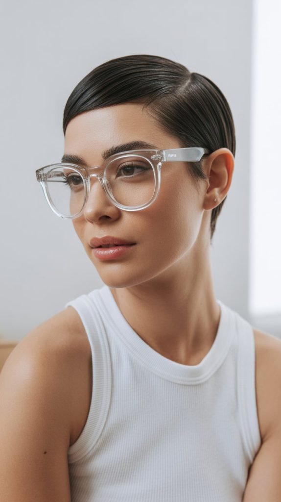 Sleek Straight Pixie with Clear Lucite Frames
