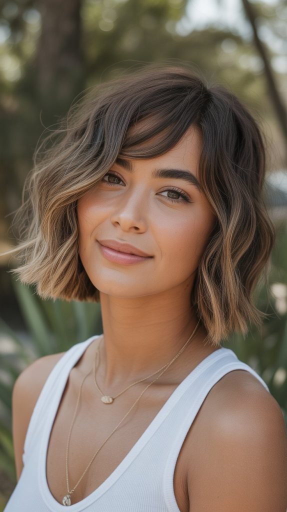 Textured Wavy Bob with Long Side Bangs