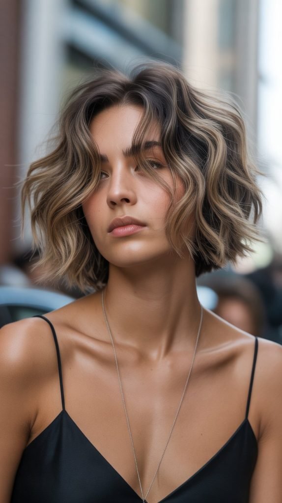 Curtain Bang Wavy Bob with Face-Framing Highlights
