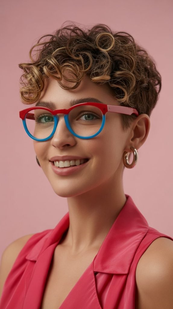Curly Pixie Crop with Colorful Acetate Frames